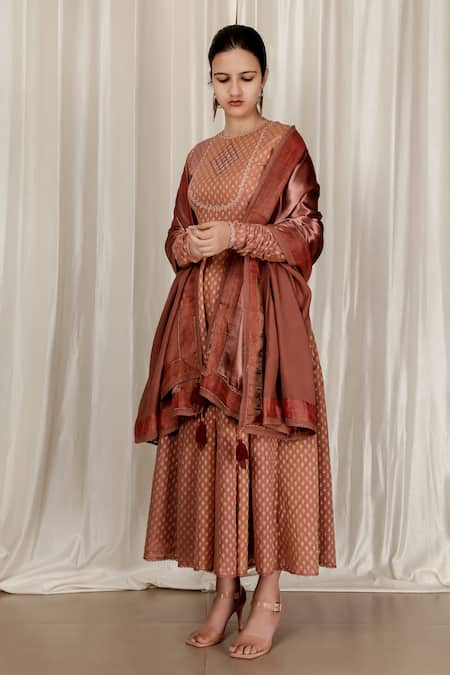 Aharin India_Pink Chanderi, Satin Embroidery Round Neck Onion Anarkali Set _at_Aza_Fashions
