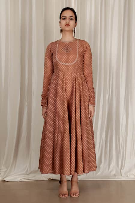 Buy_Aharin India_Pink Chanderi, Satin Embroidery Round Neck Onion Anarkali Set 