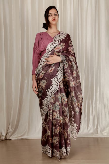 Aharin India_Pink Organza Embroidery V-neck Printed Saree With Border _Online_at_Aza_Fashions