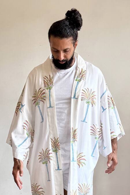 Buy_Aliaum_White Muslin, Cotton Embroidery Nature Inspired Handcrafted Kimono Jacket _Online_at_Aza_Fashions