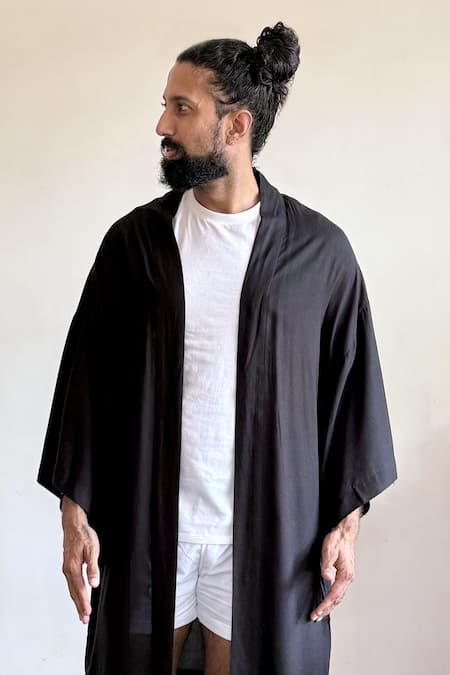 Aliaum_Black Rayon Handcrafted Kimono Jacket _Online_at_Aza_Fashions