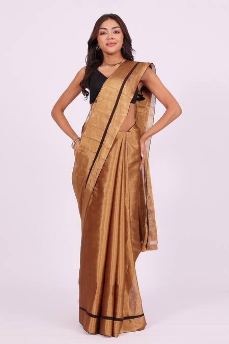 Shop_Amaara_Gold Chanderi Silk Dark Handloom Saree_Online_at_Aza_Fashions