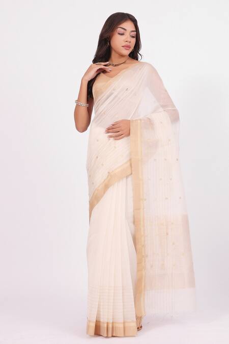 Amaara_Off White Chanderi Silk Embroidery Handloom Saree _Online_at_Aza_Fashions