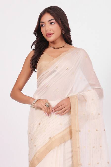 Buy_Amaara_Off White Chanderi Silk Embroidery Handloom Saree _Online_at_Aza_Fashions