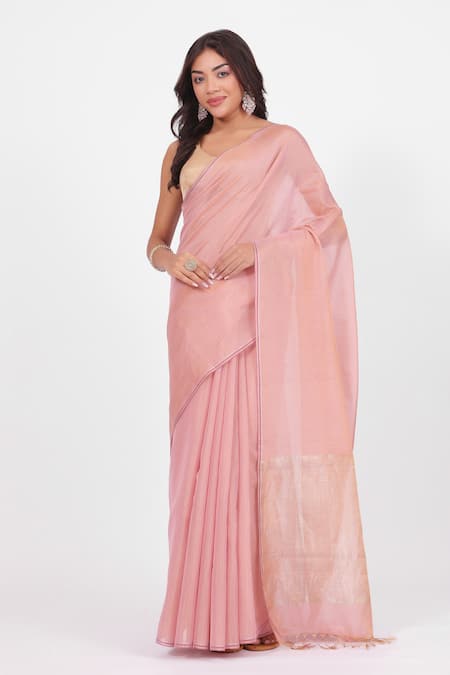 Shop Amaara Pink Chanderi Silk Handloom Pastel Tissue Saree With Running Blouse Piece Online at Aza Fashions Shop_Amaara_Pink Chanderi Silk Handloom Pastel Tissue Saree With Running Blouse Piece _Online_at_Aza_Fashions