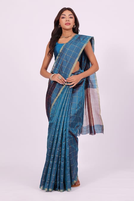 Shop_Amaara_Blue Chanderi Silk Handloom Saree With Gold Border _Online_at_Aza_Fashions