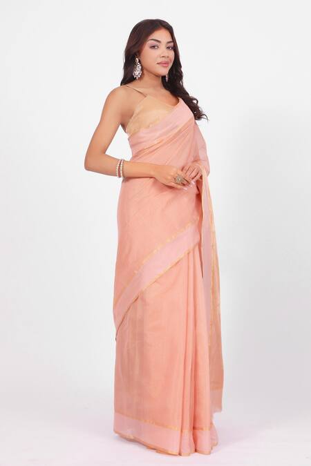 Buy_Amaara_Peach Chanderi Silk Handloom Pure Tissue Saree _Online_at_Aza_Fashions