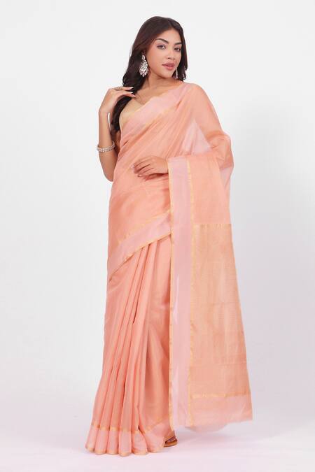 Shop_Amaara_Peach Chanderi Silk Handloom Pure Tissue Saree _Online_at_Aza_Fashions