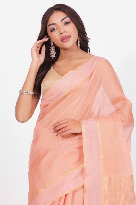 Amaara_Peach Chanderi Silk Handloom Pure Tissue Saree _at_Aza_Fashions