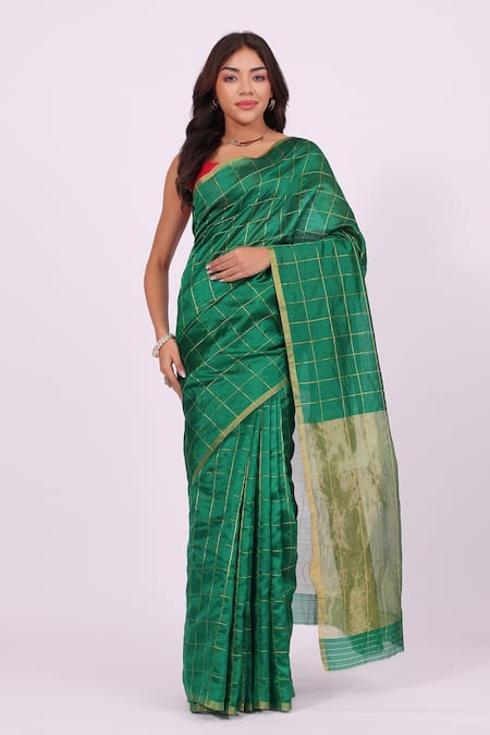 Amaara_Emerald Green Chanderi Silk Zari, Embroidery Handloom Saree With Border _Online_at_Aza_Fashions