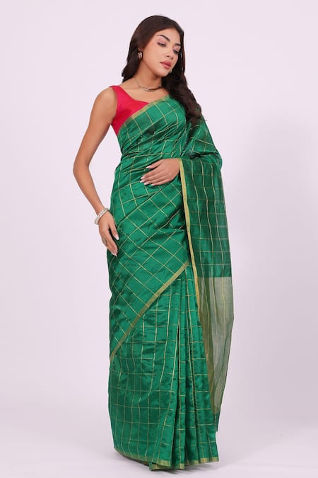 Buy_Amaara_Emerald Green Chanderi Silk Zari, Embroidery Handloom Saree With Border _Online_at_Aza_Fashions
