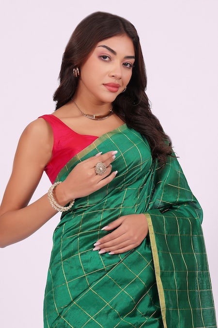 Shop_Amaara_Emerald Green Chanderi Silk Zari, Embroidery Handloom Saree With Border _Online_at_Aza_Fashions