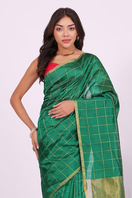 Amaara_Emerald Green Chanderi Silk Zari, Embroidery Handloom Saree With Border _at_Aza_Fashions