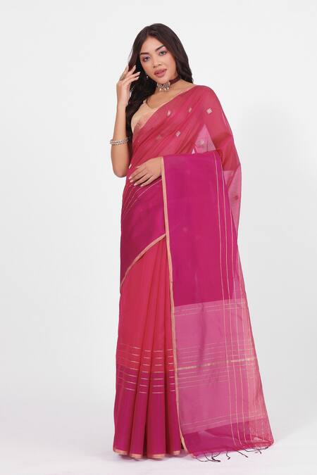 Amaara_Red Chanderi Silk Handloom Rani Pink Saree _Online_at_Aza_Fashions