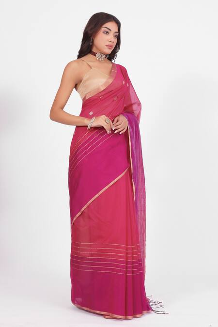 Buy_Amaara_Red Chanderi Silk Handloom Rani Pink Saree _Online_at_Aza_Fashions