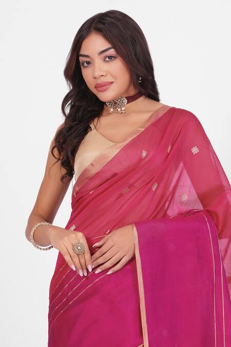 Amaara_Red Chanderi Silk Handloom Rani Pink Saree _at_Aza_Fashions