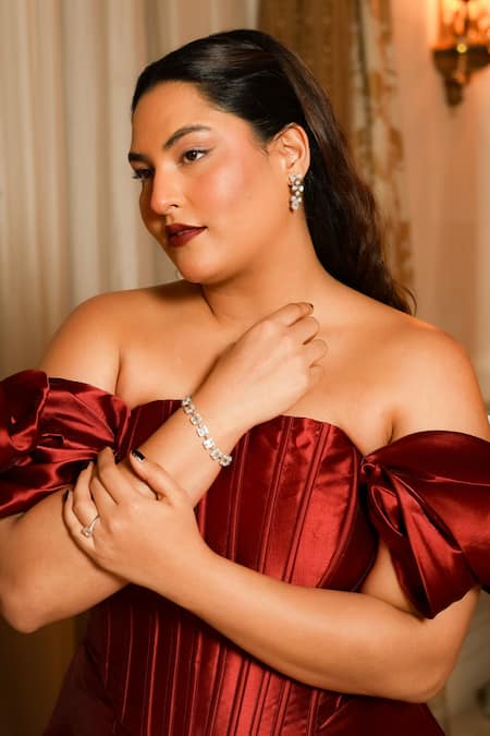 Antithesis India Red Silk, Viscose Off-shoulder Sculpted Corset Mini Dress at Aza Fashions Antithesis India_Red Silk, Viscose Off-shoulder Sculpted Corset Mini Dress _at_Aza_Fashions