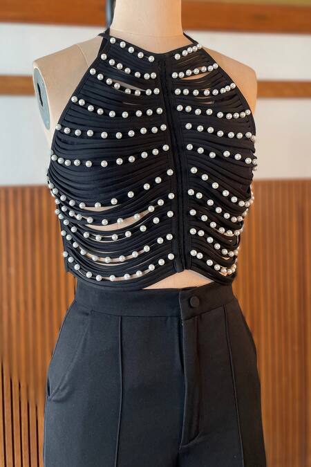 Antithesis India_Black Crepe, Lycra Pearls Halter Neck Embellished Crop Top _Online_at_Aza_Fashions