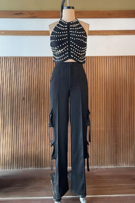 Shop_Antithesis India_Black Crepe, Lycra Pearls Halter Neck Embellished Crop Top _Online_at_Aza_Fashions