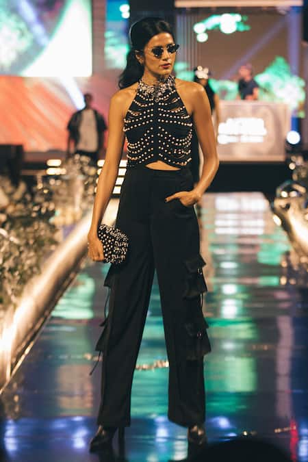 Antithesis India Black Pearl Embellished Crop Top 