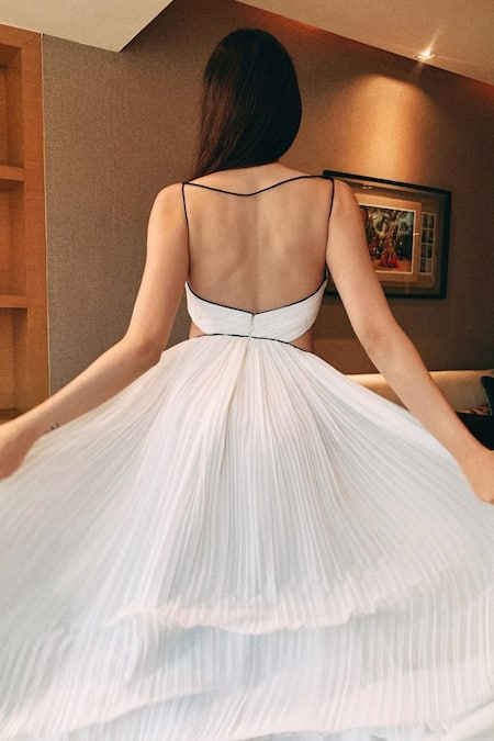 Shop_Antithesis India_White Crepe, Chiffon V-neck Ivory Crinkled Corset Dress _at_Aza_Fashions