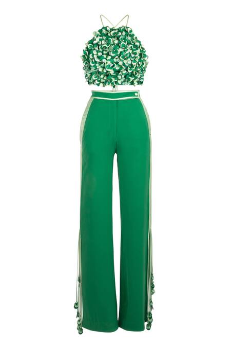 Antithesis India_Green Crepe Tassels Halter Neck Ivy Top And Gilly Pants Set _Online_at_Aza_Fashions