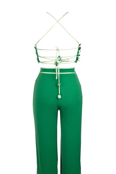Buy_Antithesis India_Green Crepe Tassels Halter Neck Ivy Top And Gilly Pants Set _Online_at_Aza_Fashions