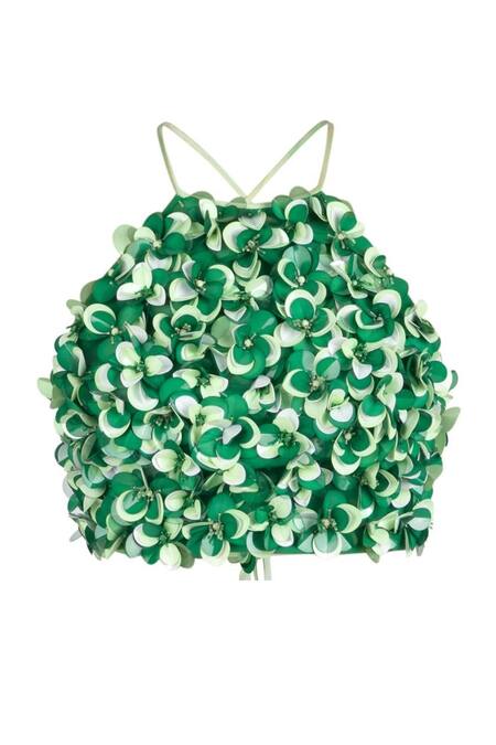 Antithesis India_Green Crepe Tassels Halter Neck Ivy Top And Gilly Pants Set _at_Aza_Fashions