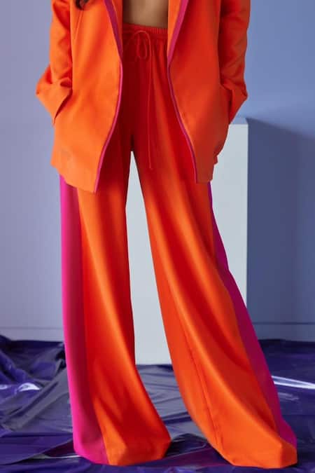 Antithesis India_Orange Crepe Round Neck Alba Color Block Pantsuit Set _Online_at_Aza_Fashions