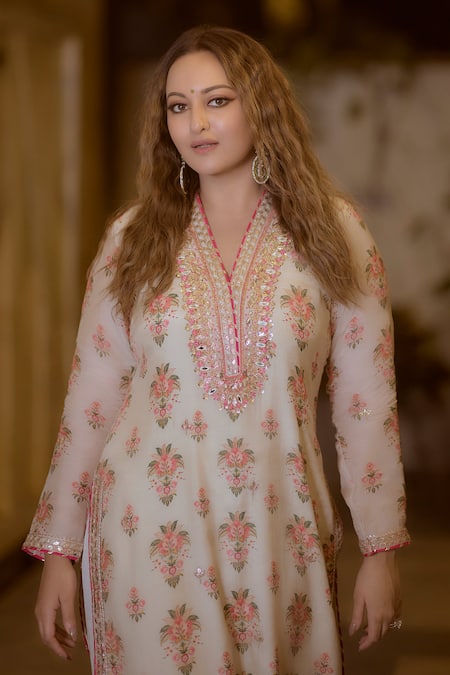 Buy_Gopi Vaid_Ivory Cotton, Silk, Linen, Satin Embroidery Split Floral Tunic And Palazzo Set _Online_at_Aza_Fashions