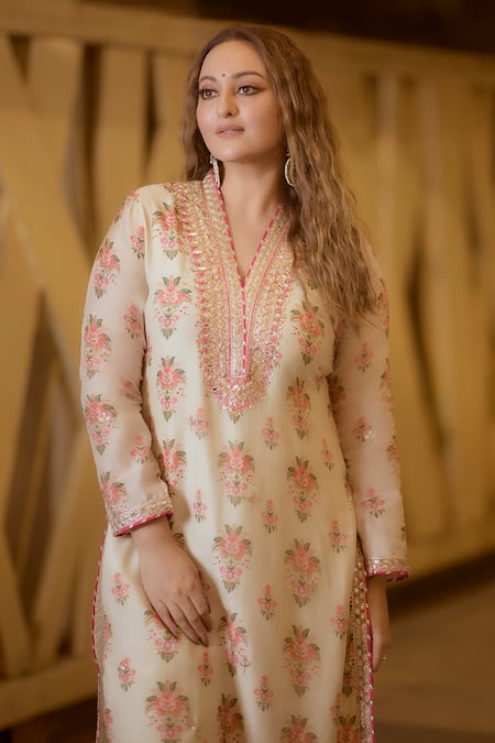 Shop_Gopi Vaid_Ivory Cotton, Silk, Linen, Satin Embroidery Split Floral Tunic And Palazzo Set _Online_at_Aza_Fashions