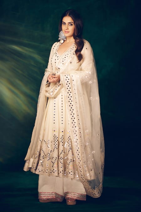 Shop_Gopi Vaid_Ivory Georgette, Tussar, Organza Mirrors, Embroidery V-neck Anarkali Set _Online_at_Aza_Fashions