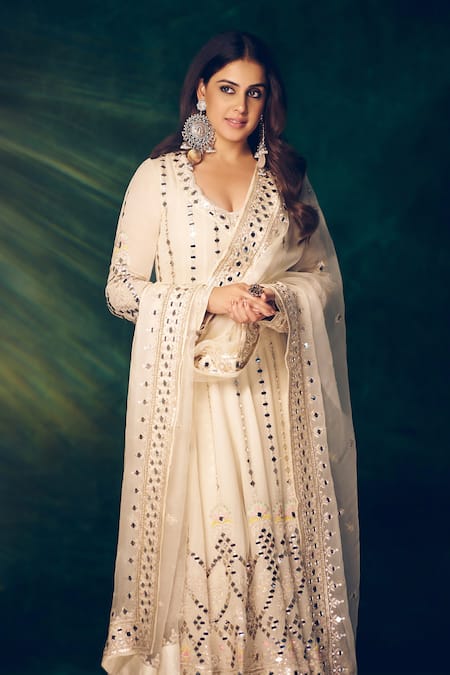 Gopi Vaid_Ivory Georgette, Tussar, Organza Mirrors, Embroidery V-neck Anarkali Set _at_Aza_Fashions