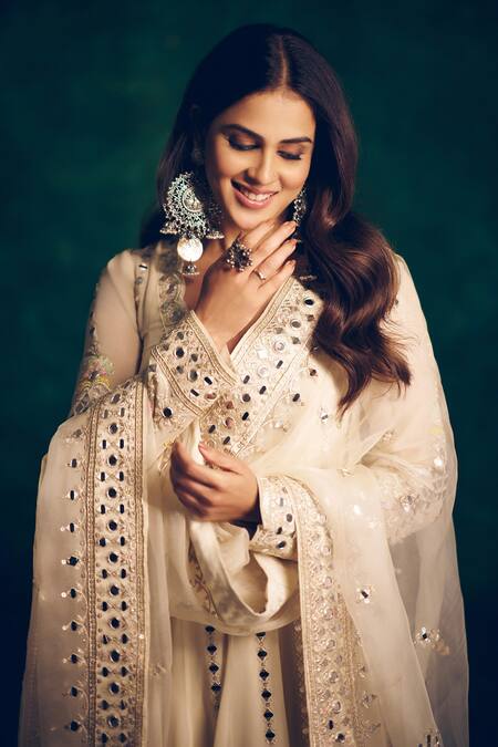 Buy_Gopi Vaid_Ivory Georgette, Tussar, Organza Mirrors, Embroidery V-neck Anarkali Set 