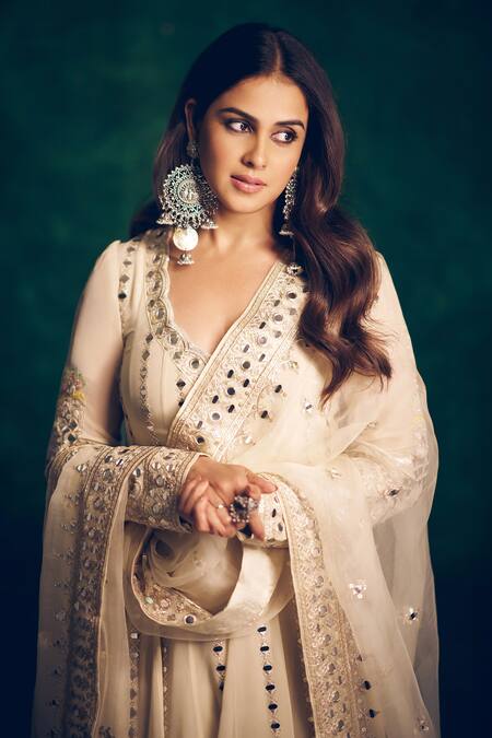 Shop_Gopi Vaid_Ivory Georgette, Tussar, Organza Mirrors, Embroidery V-neck Anarkali Set 