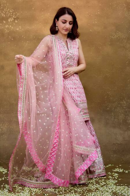 Gopi Vaid Pink Viscose, Net Zari Round Neck Ikat Print Sharara Set Online at Aza Fashions Gopi Vaid_Pink Viscose, Net Zari Round Neck Ikat Print Sharara Set _Online_at_Aza_Fashions