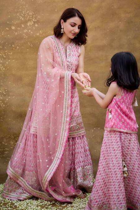 Buy Gopi Vaid Pink Viscose, Net Zari Round Neck Ikat Print Sharara Set Online at Aza Fashions Buy_Gopi Vaid_Pink Viscose, Net Zari Round Neck Ikat Print Sharara Set _Online_at_Aza_Fashions