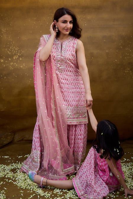 Shop Gopi Vaid Pink Viscose, Net Zari Round Neck Ikat Print Sharara Set at Aza Fashions Shop_Gopi Vaid_Pink Viscose, Net Zari Round Neck Ikat Print Sharara Set _at_Aza_Fashions