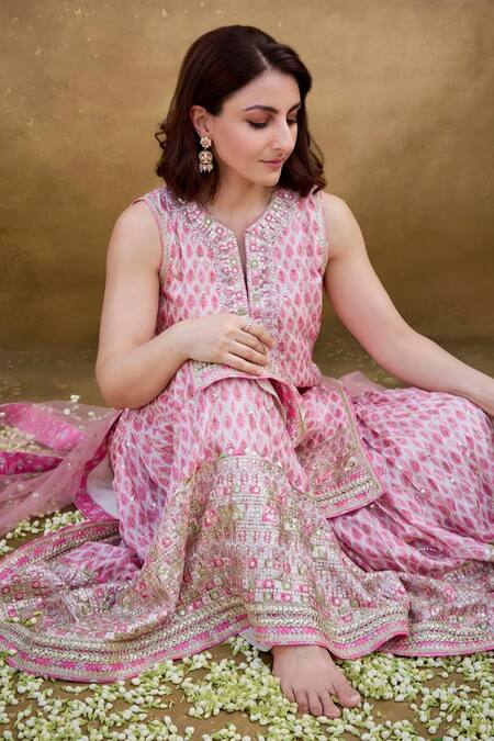 Shop Gopi Vaid Pink Viscose, Net Zari Round Neck Ikat Print Sharara Set Online at Aza Fashions Shop_Gopi Vaid_Pink Viscose, Net Zari Round Neck Ikat Print Sharara Set _Online_at_Aza_Fashions