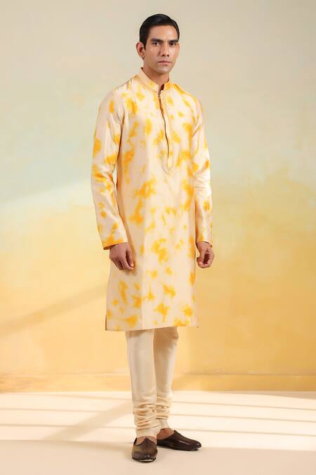 Label Niti Bothra_Beige Chanderi Silk Embroidery Hand Dyed Shibori Kurta Set _Online_at_Aza_Fashions