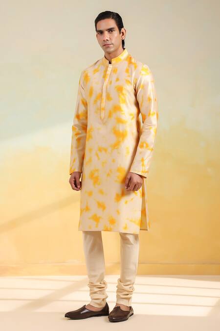 Label Niti Bothra_Beige Chanderi Silk Embroidery Hand Dyed Shibori Kurta Set _at_Aza_Fashions