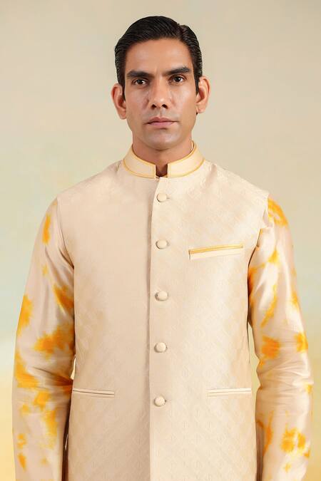 Shop_Label Niti Bothra_Beige Silk, Silk, Embroidery Hand Dyed Shibori Bundi Set _Online_at_Aza_Fashions
