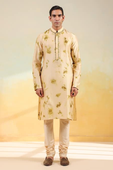 Label Niti Bothra_Beige Chanderi Silk Hand Dyed Shibori Kurta Set _Online_at_Aza_Fashions