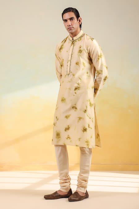 Shop_Label Niti Bothra_Beige Chanderi Silk Hand Dyed Shibori Kurta Set _Online_at_Aza_Fashions