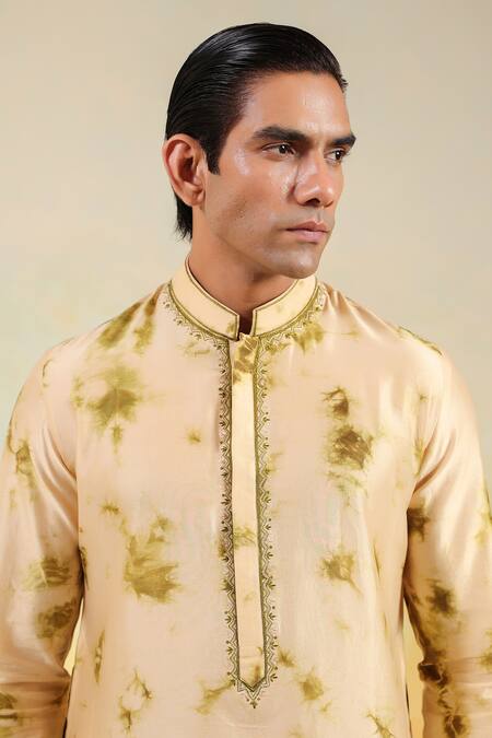 Label Niti Bothra_Beige Chanderi Silk Hand Dyed Shibori Kurta Set _at_Aza_Fashions