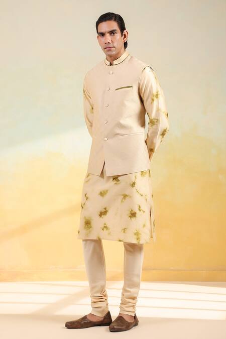 Buy_Label Niti Bothra_Beige Chanderi Silk Embroidery Hand Dyed Shibori Bundi Set _Online_at_Aza_Fashions