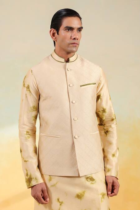 Shop_Label Niti Bothra_Beige Chanderi Silk Embroidery Hand Dyed Shibori Bundi Set _Online_at_Aza_Fashions