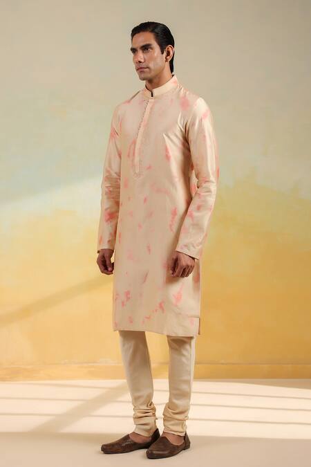 Buy_Label Niti Bothra_Beige Chanderi Silk Embroidery Hand Dyed Shibori Kurta Set _Online_at_Aza_Fashions