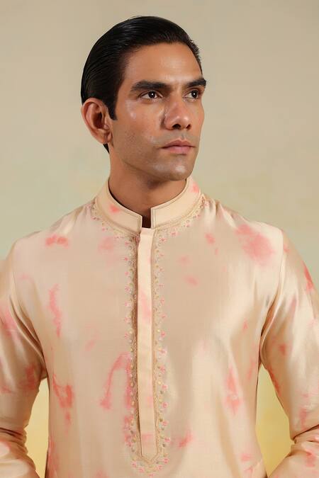 Shop_Label Niti Bothra_Beige Chanderi Silk Embroidery Hand Dyed Shibori Kurta Set _Online_at_Aza_Fashions