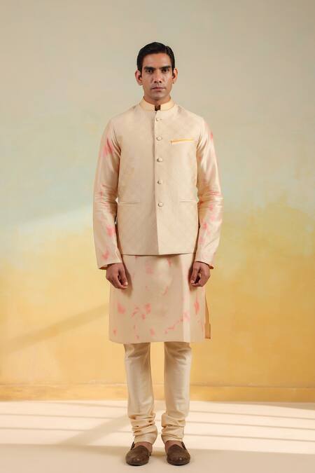 Label Niti Bothra_Beige , , Embroidery And Pink Shibori Bundi Set _Online_at_Aza_Fashions